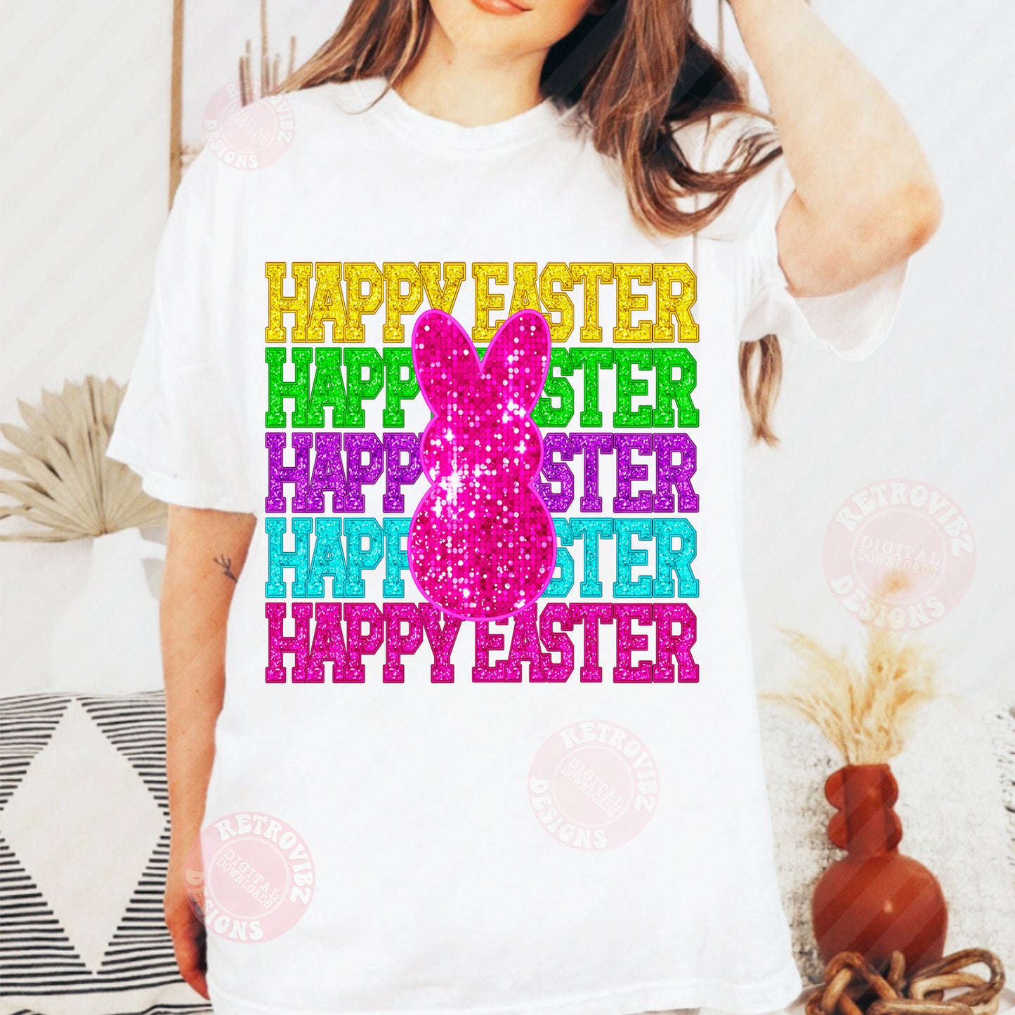 HAPPY EASTER FAUX Glitter PNG Sublimation Design By RetrovibZ