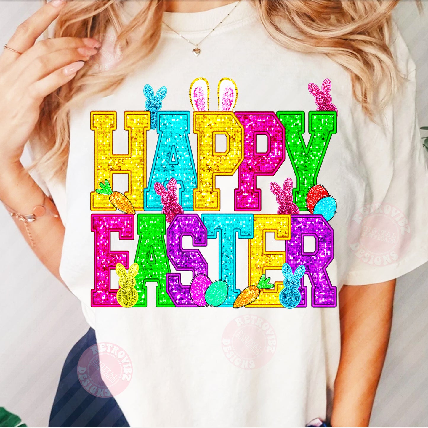 HAPPY EASTER FAUX SEQUIN PNG Sublimation Design By RetrovibZ