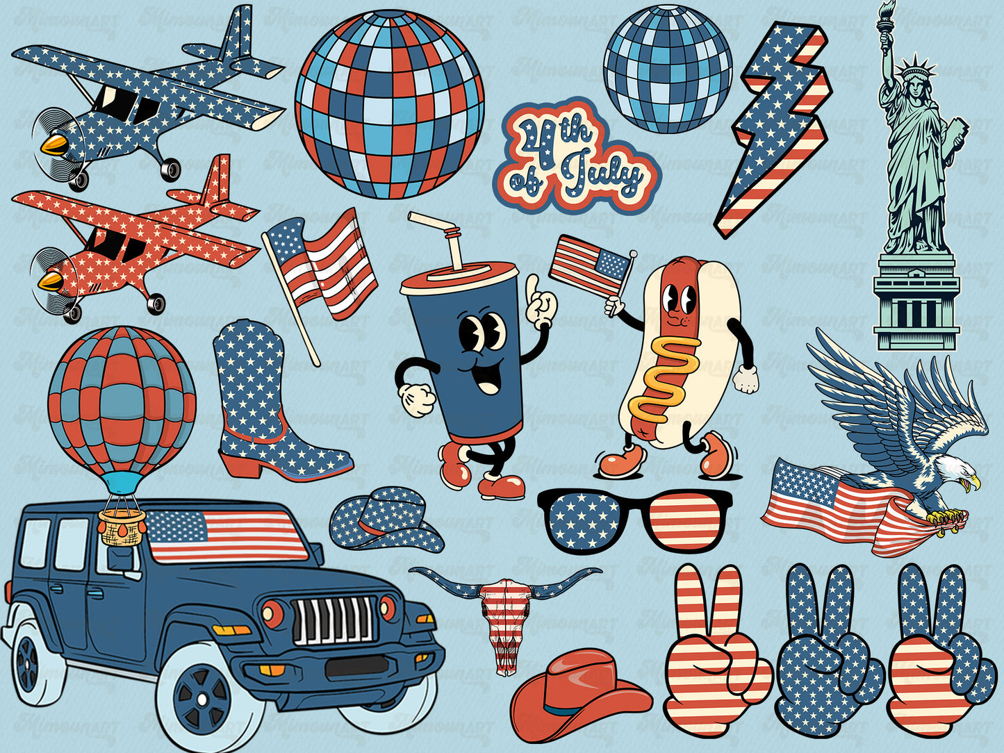 Retro Groovy 4th of July Clipart - Vintage Independence day elements Clip Art PNG Bundle