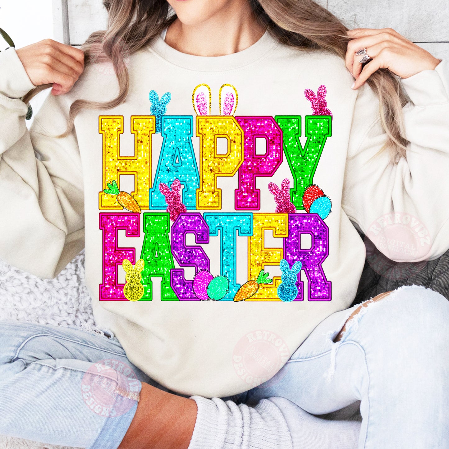 HAPPY EASTER FAUX SEQUIN PNG Sublimation Design By RetrovibZ