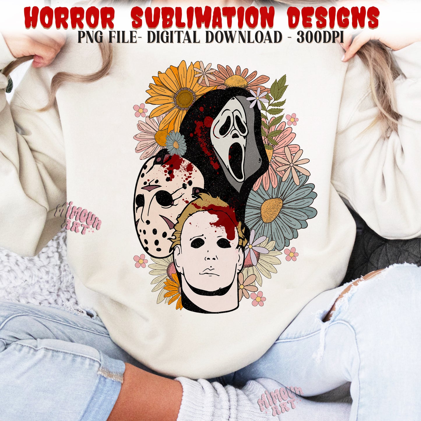 Floral Horror Characters Png, Retro Halloween png, Horror png, Scary movie png, Halloween Horror Sublimation Designs