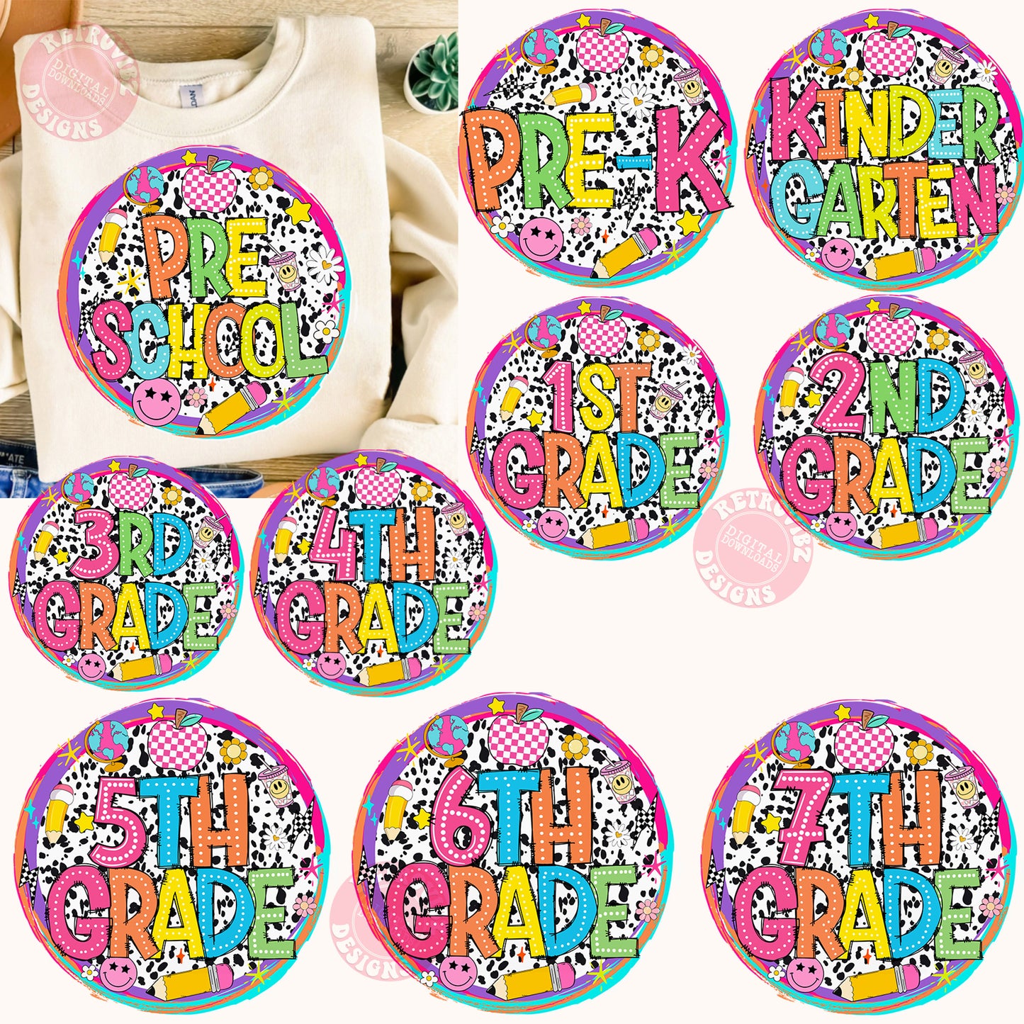 Retro Back to Shool png Bundle, Teacher Coquette pencil png, Teacher bright Dalmatian bundle, First Grade, Pre-K, 1st/2nd back to school