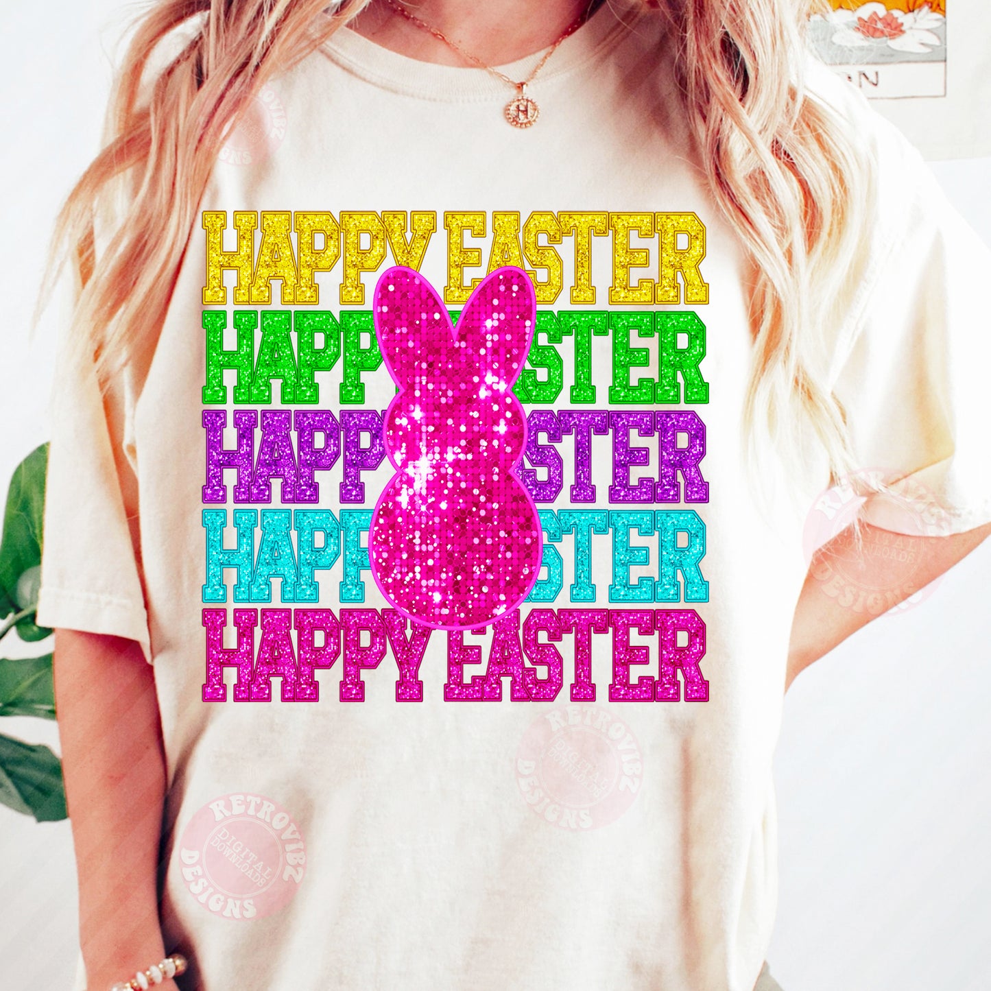 HAPPY EASTER FAUX Glitter PNG Sublimation Design By RetrovibZ