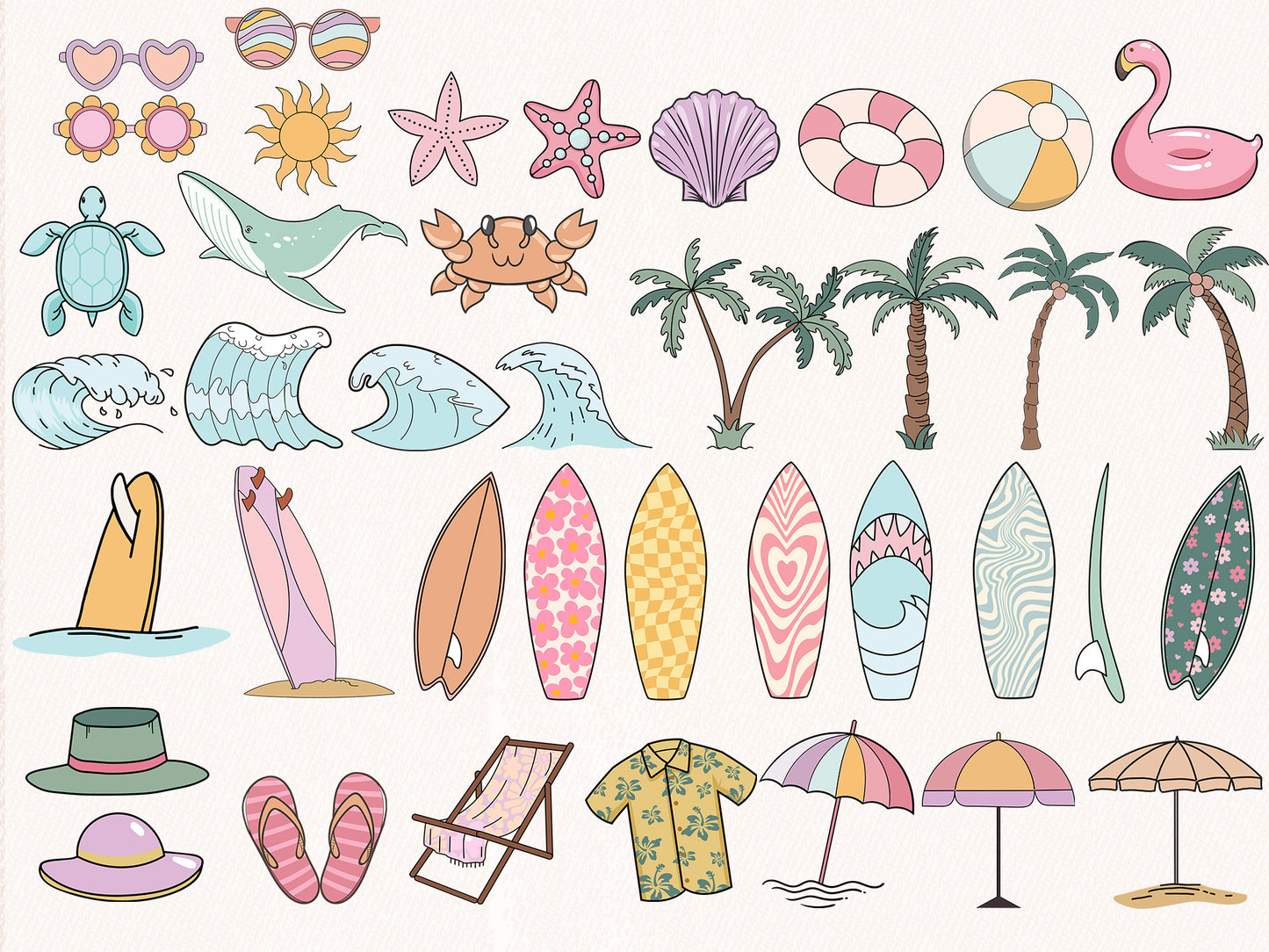 Retro Groovy SUMMER Clipart - Vintage Summer Beach elements Clip Art PNG Bundle