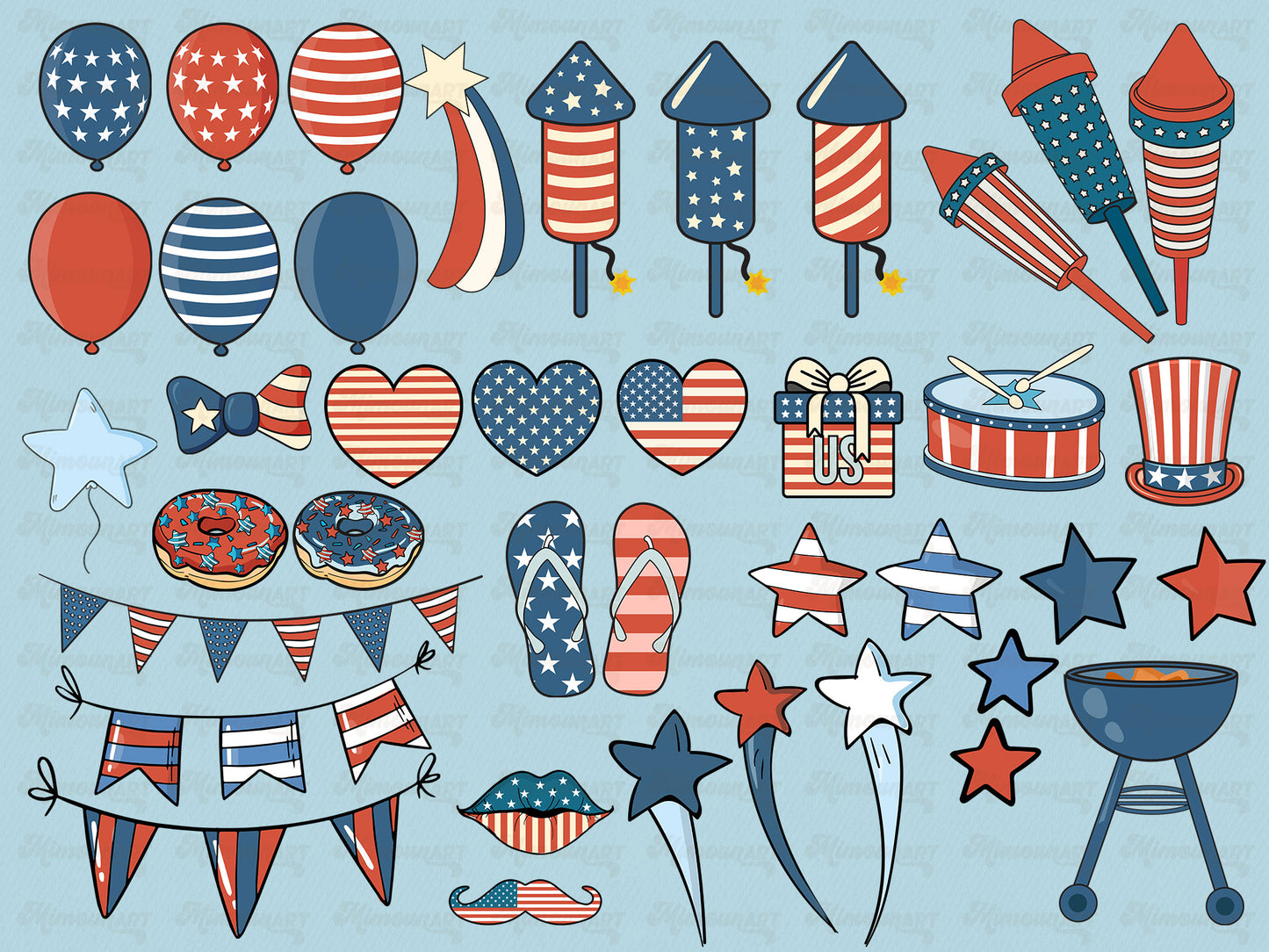 Retro Groovy 4th of July Clipart - Vintage Independence day elements Clip Art PNG Bundle