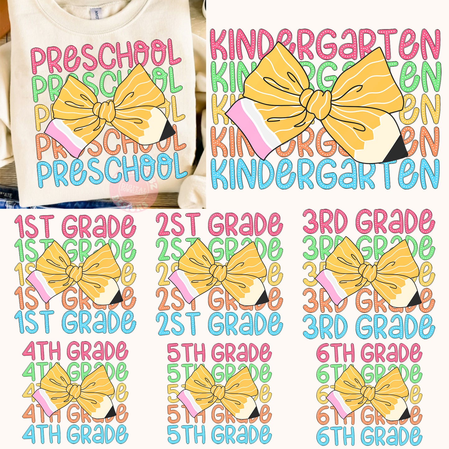 Retro Back to Shool png Bundle, Teacher Coquette pencil png, Teacher bright Dalmatian bundle, First Grade, Pre-K, 1st/2nd back to school