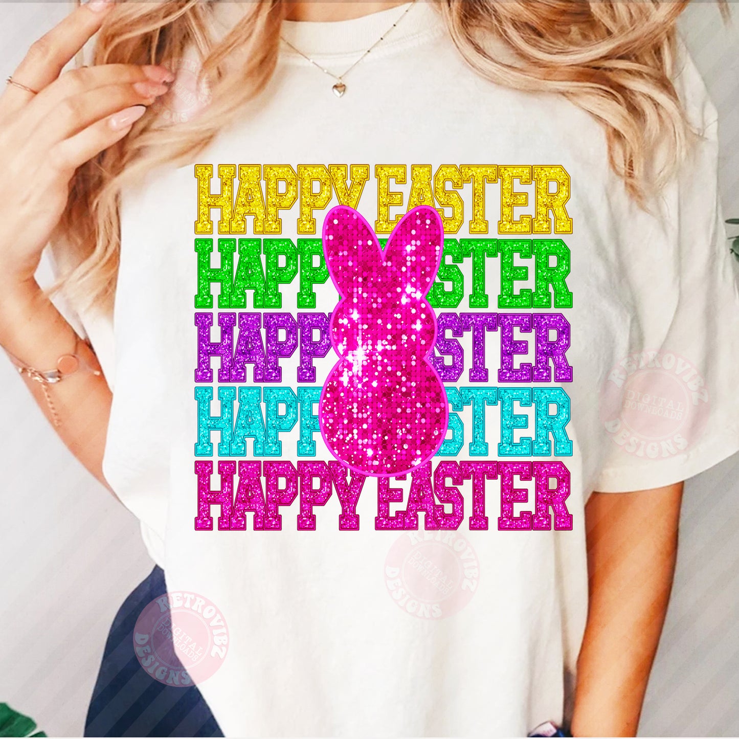 HAPPY EASTER FAUX Glitter PNG Sublimation Design By RetrovibZ