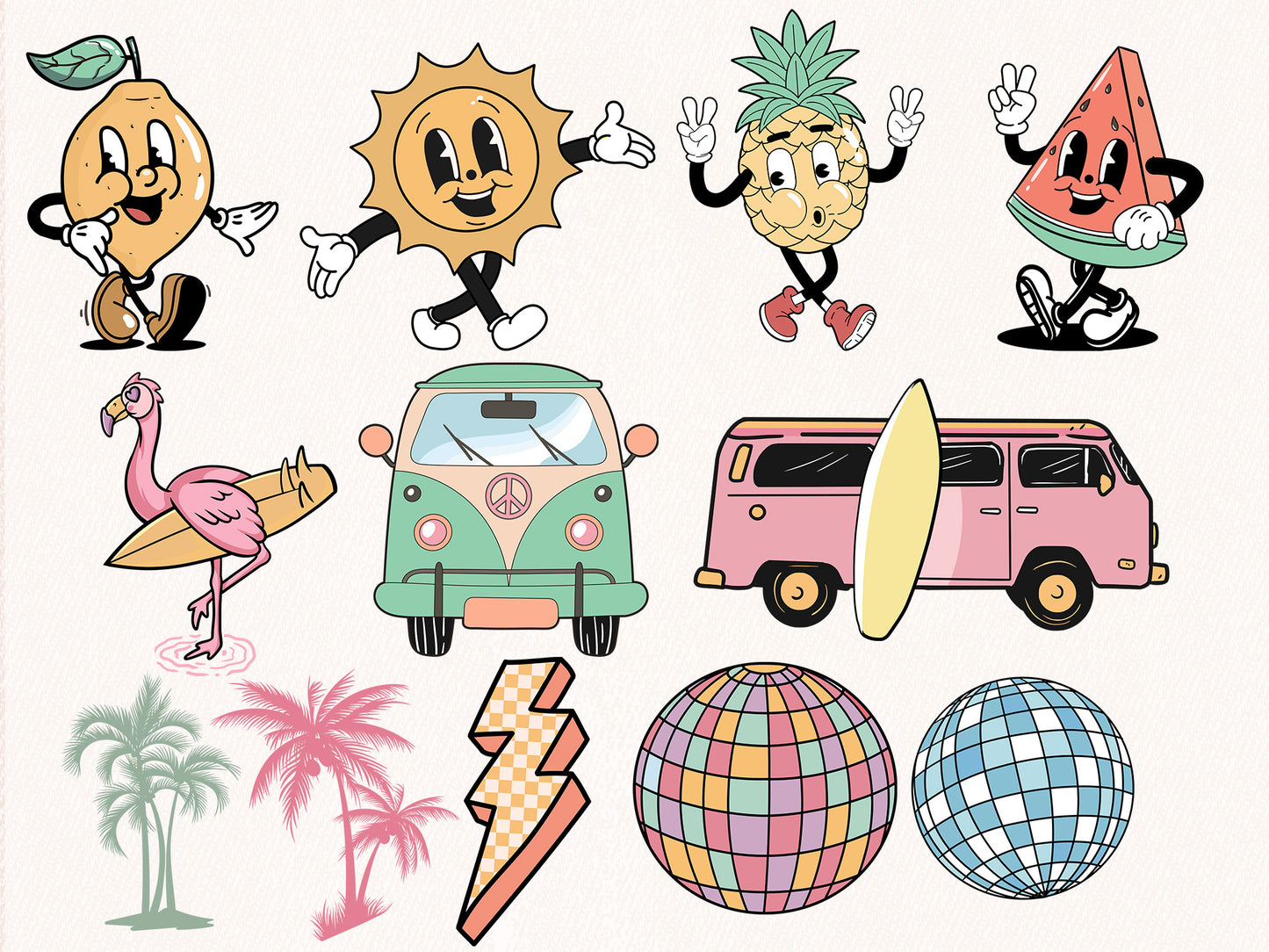 Retro Groovy SUMMER Clipart - Vintage Summer Beach elements Clip Art PNG Bundle