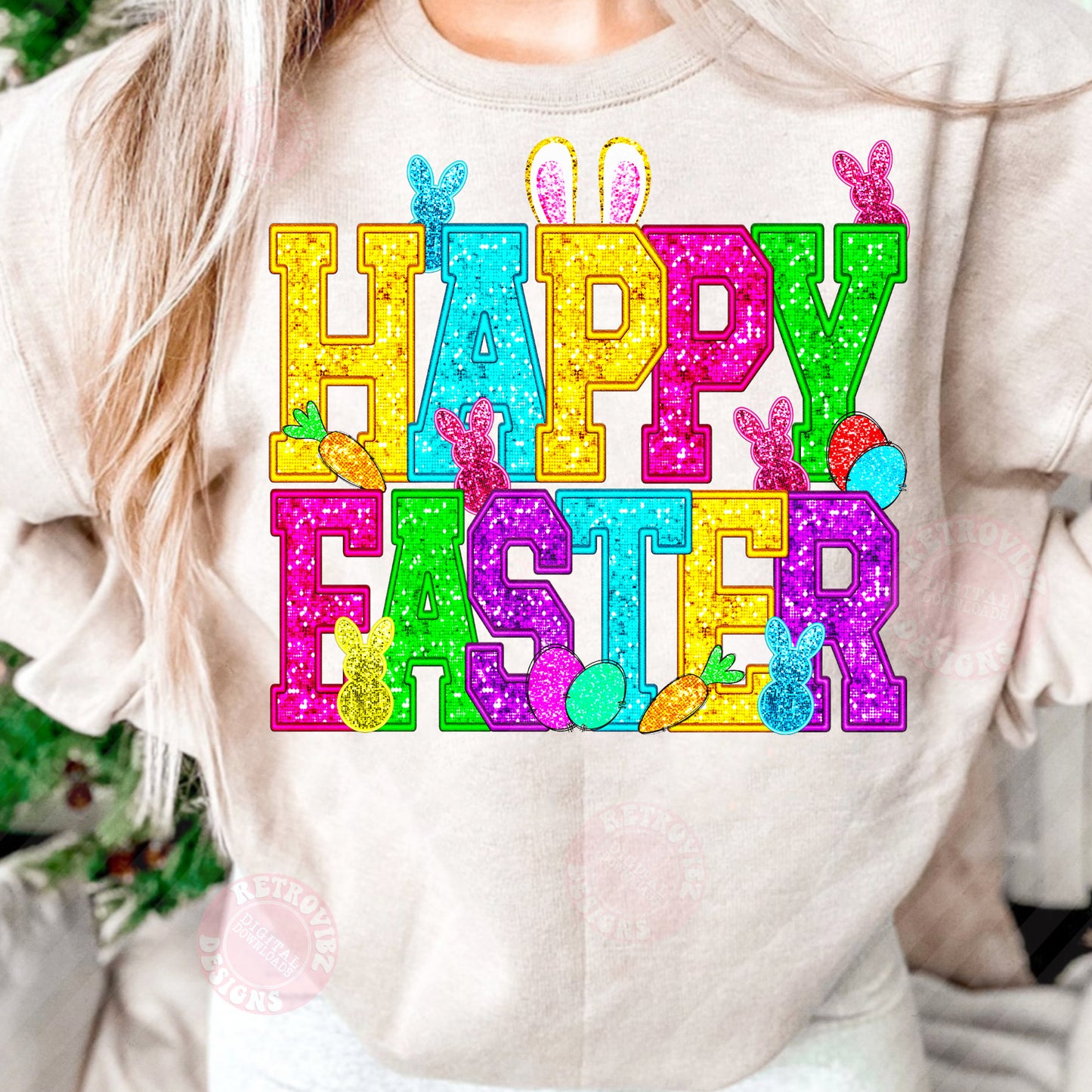 HAPPY EASTER FAUX SEQUIN PNG Sublimation Design By RetrovibZ