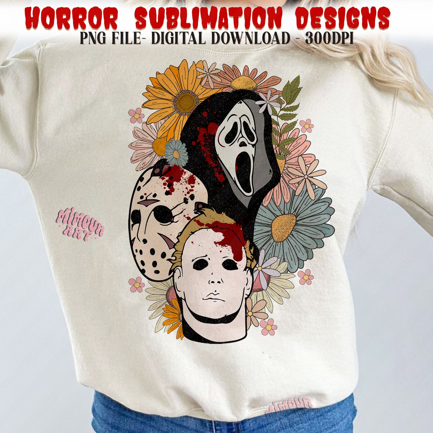 Floral Horror Characters Png, Retro Halloween png, Horror png, Scary movie png, Halloween Horror Sublimation Designs