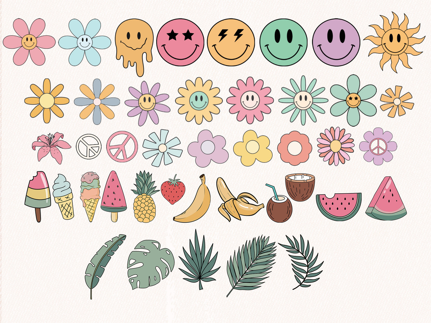 Retro Groovy SUMMER Clipart - Vintage Summer Beach elements Clip Art PNG Bundle