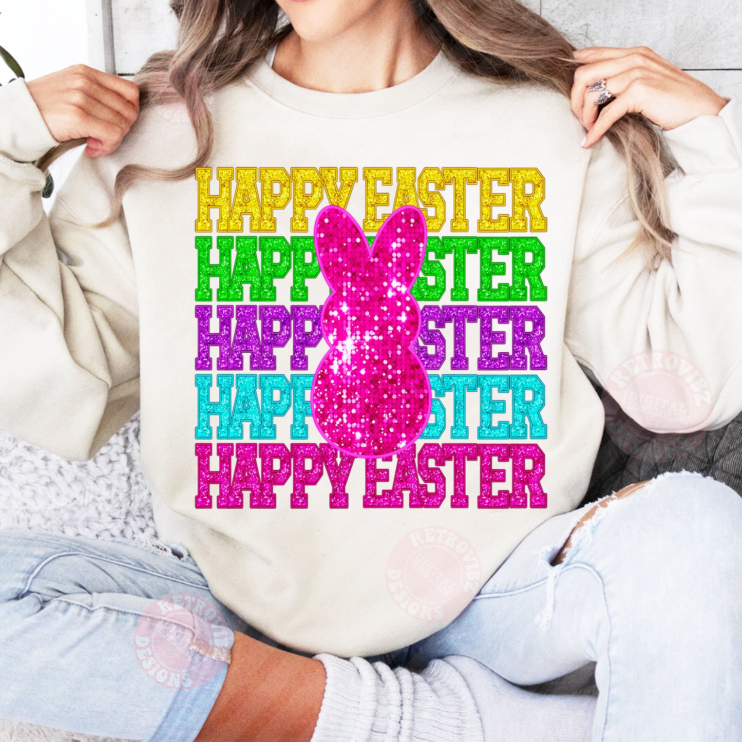 HAPPY EASTER FAUX Glitter PNG Sublimation Design By RetrovibZ