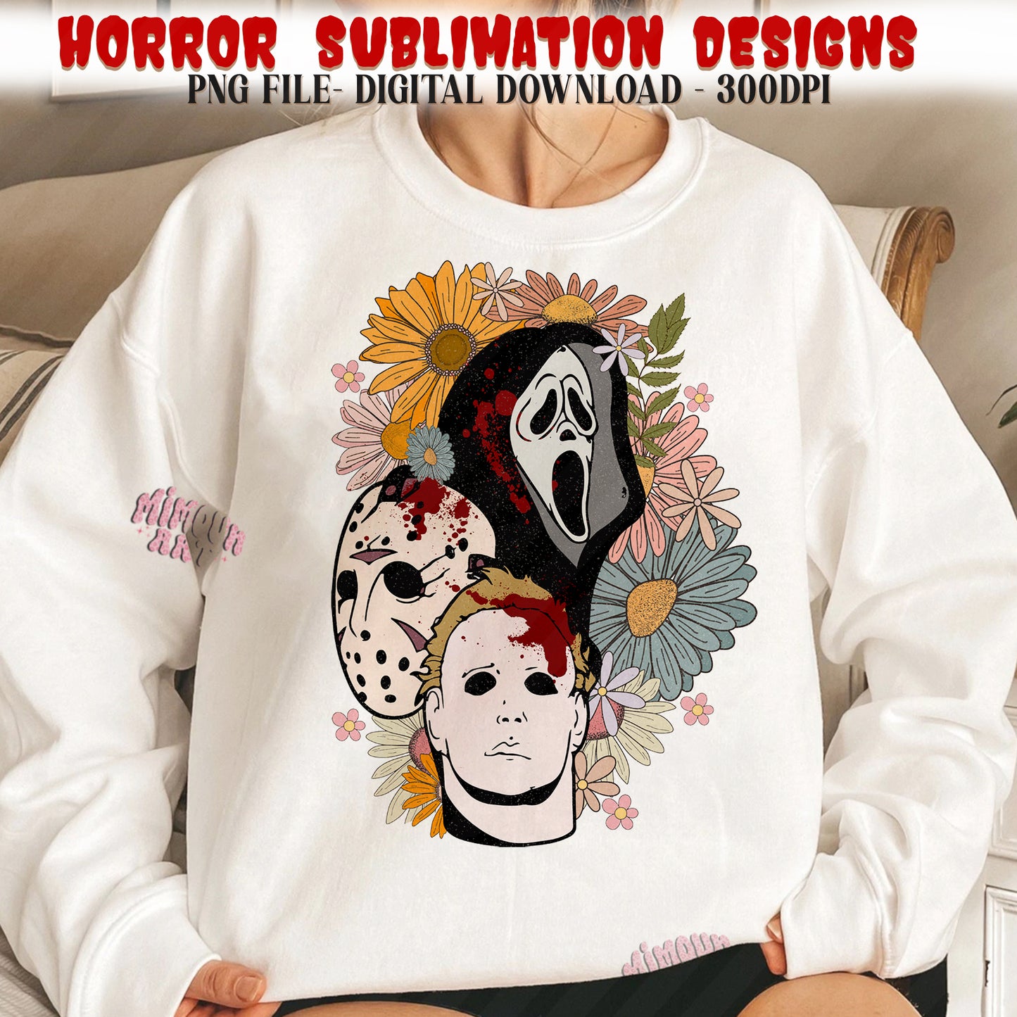 Floral Horror Characters Png, Retro Halloween png, Horror png, Scary movie png, Halloween Horror Sublimation Designs