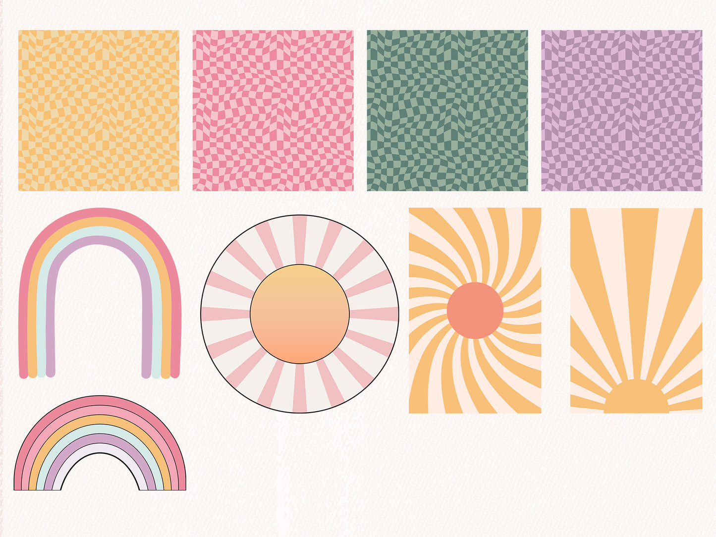 Retro Groovy SUMMER Clipart - Vintage Summer Beach elements Clip Art PNG Bundle