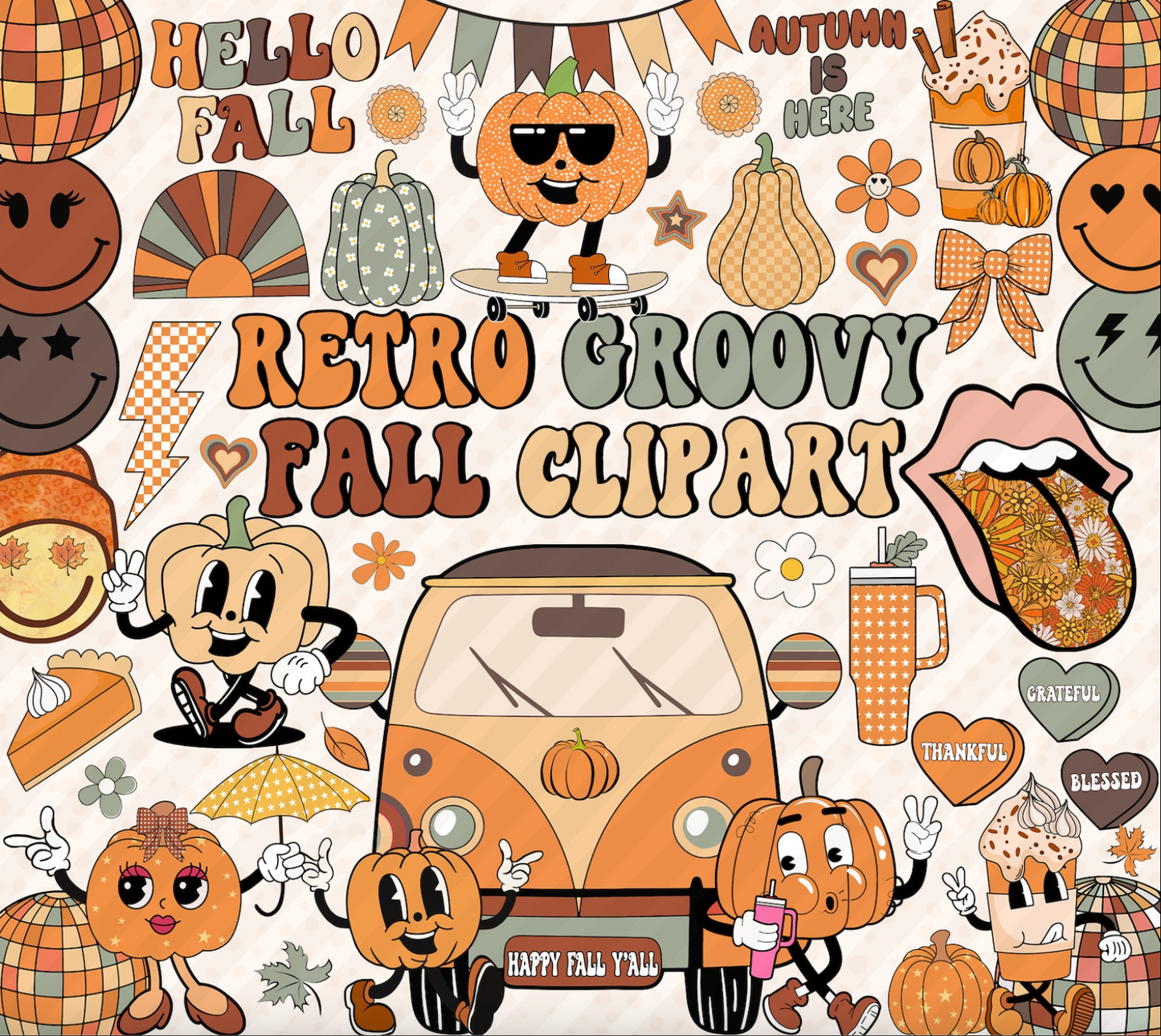 Retro Mega Bundle Clipart, Groovy Vintage Clipart, Watercolor Clipart, Halloween, St. Patrick’s, Retro Vibes Groovy 60s-70s Clip Art Bundle