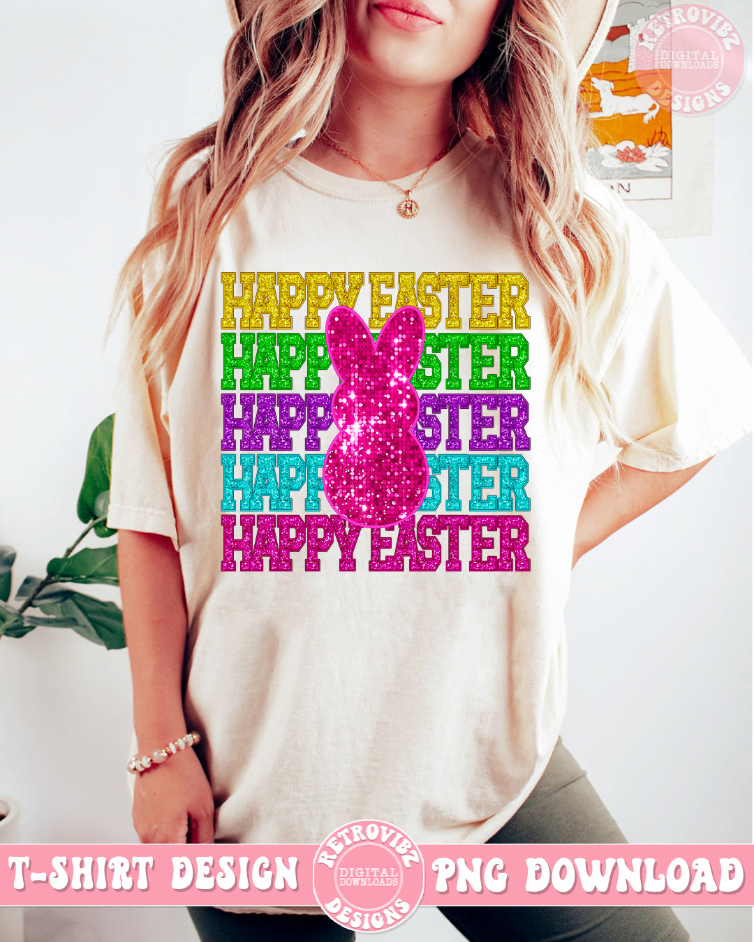 HAPPY EASTER FAUX Glitter PNG Sublimation Design By RetrovibZ