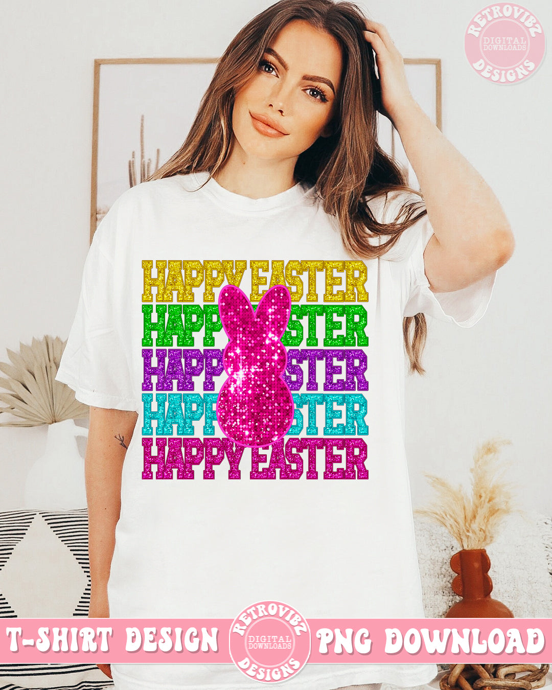 HAPPY EASTER FAUX Glitter PNG Sublimation Design By RetrovibZ