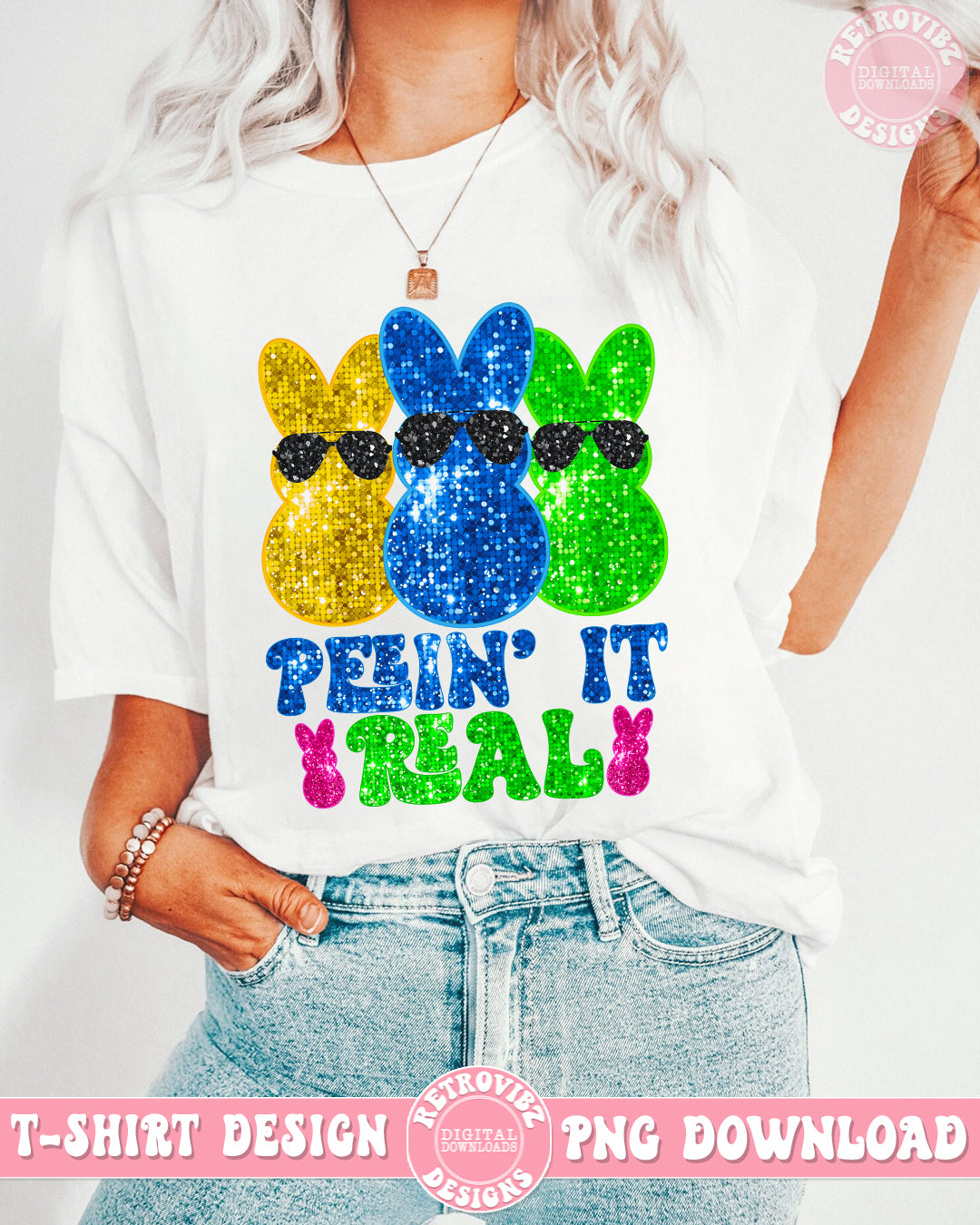 Peepin' it Real Faux Embroidered Bunnies Easter PNG Sublimation Design By RetrovibZ