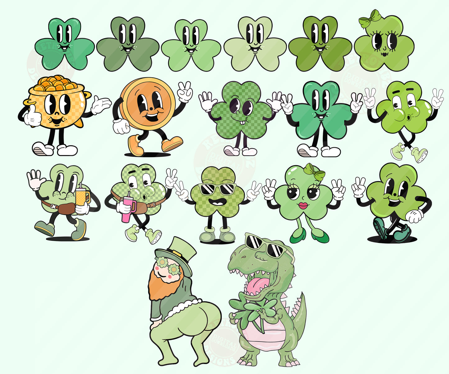 Retro Groovy St. Patrick's Day Clipart - Vintage Saint Patrick's Day Daisy Clover PNG Bundle