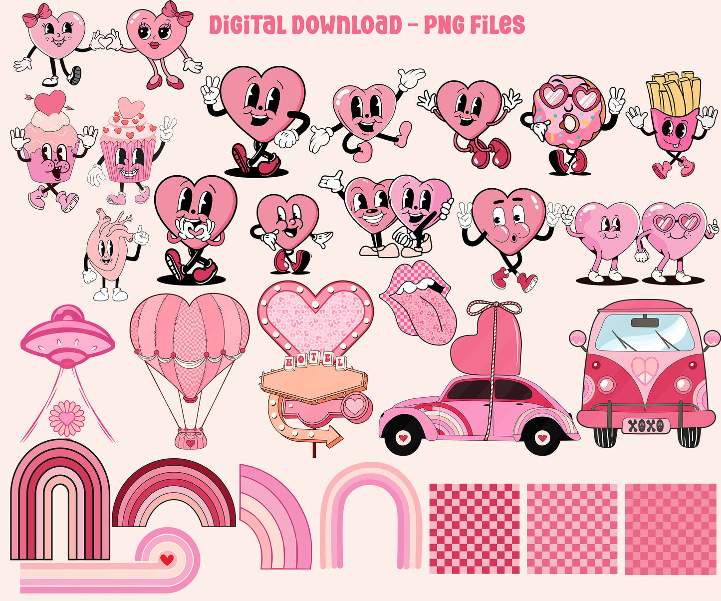 Retro Groovy Valentines Day Clipart - Vintage Valentines Day Love Hearts PNG Bundle