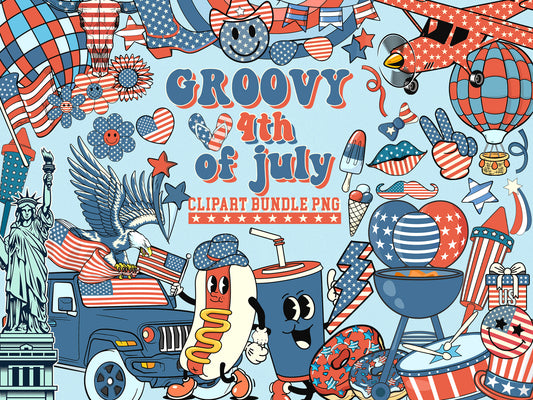 Retro Groovy 4th of July Clipart - Vintage Independence day elements Clip Art PNG Bundle