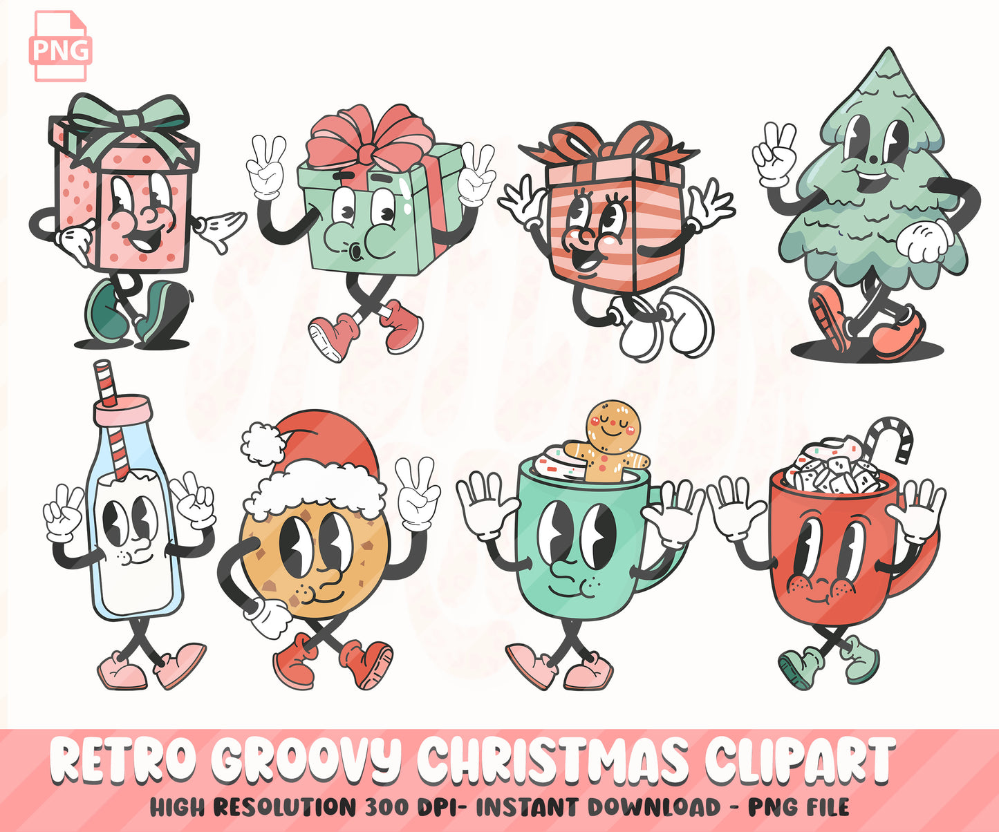 Retro Groovy Christmas Clipart - Vintage Christmas Santa Claus Tree Characters PNG Bundle