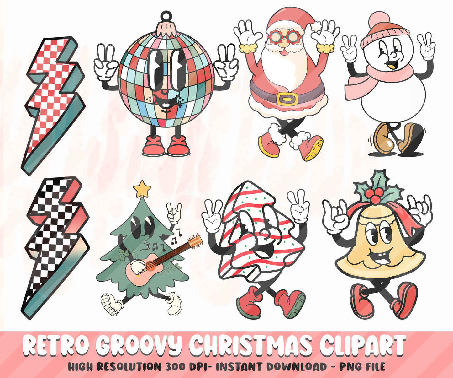 Retro Groovy Christmas Clipart - Vintage Christmas Santa Claus Tree Characters PNG Bundle