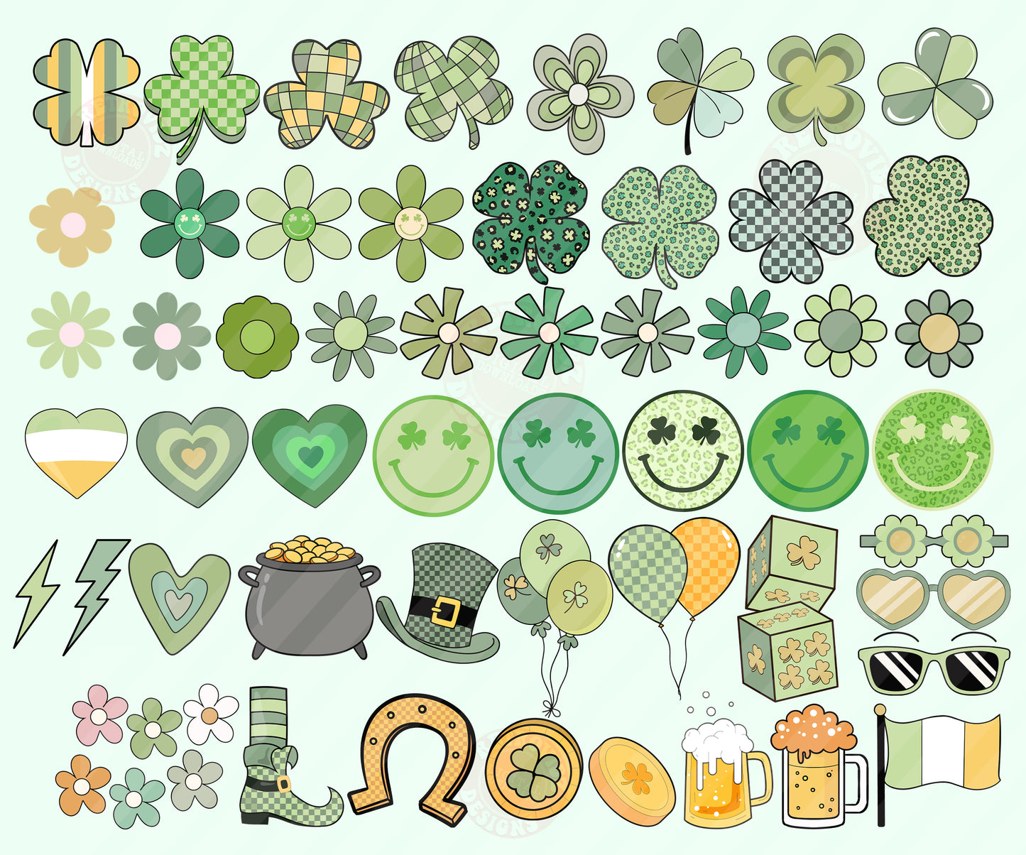 Retro Groovy St. Patrick's Day Clipart - Vintage Saint Patrick's Day Daisy Clover PNG Bundle