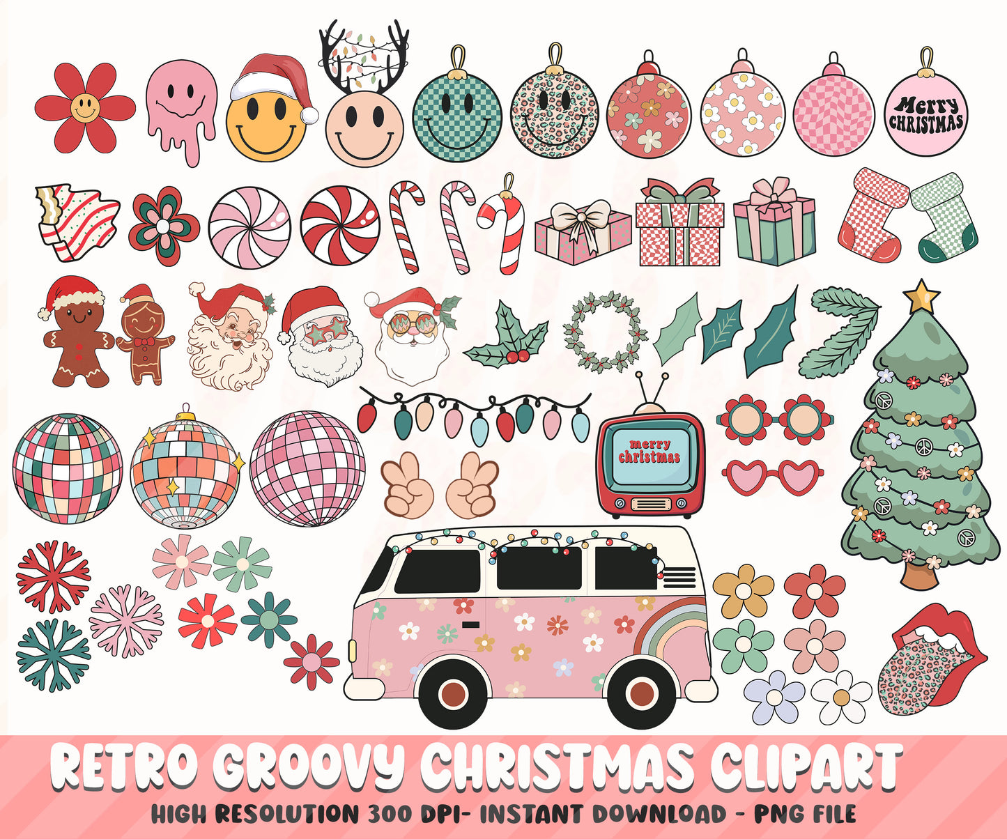 Retro Groovy Christmas Clipart - Vintage Christmas Santa Claus Tree Characters PNG Bundle