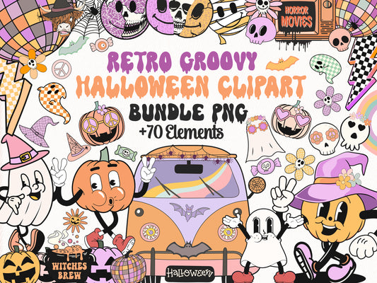 Retro Groovy Halloween Clipart - Vintage Halloween Retro Pumpkin Ghost Daisy PNG Bundle