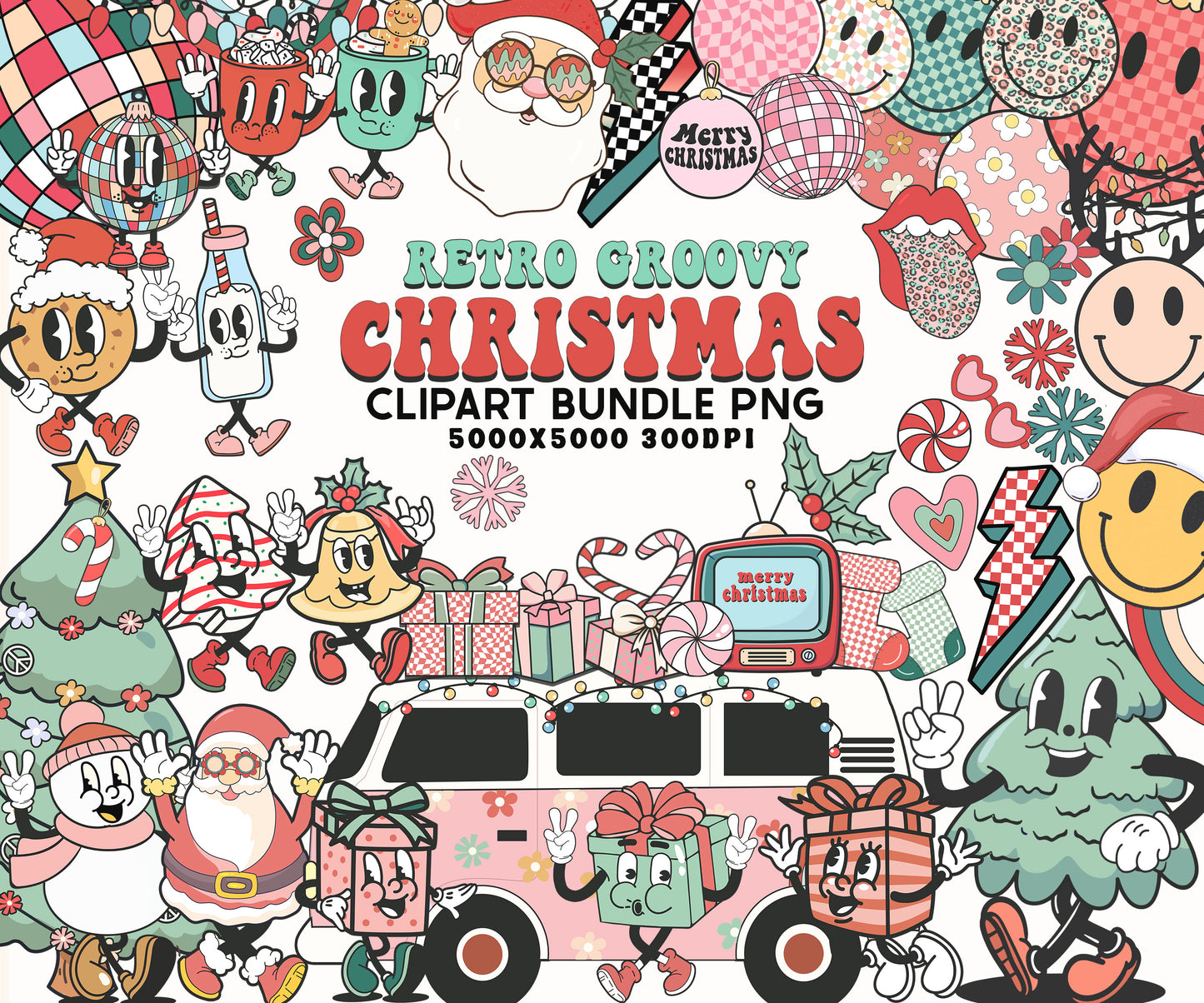 Retro Groovy Christmas Clipart - Vintage Christmas Santa Claus Tree Characters PNG Bundle