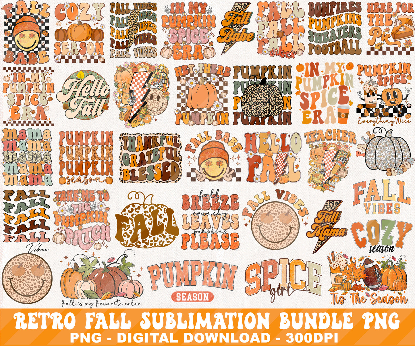 Retro Fall Autumn Sublimation Design PNG BUNDLE by RetrovibZ