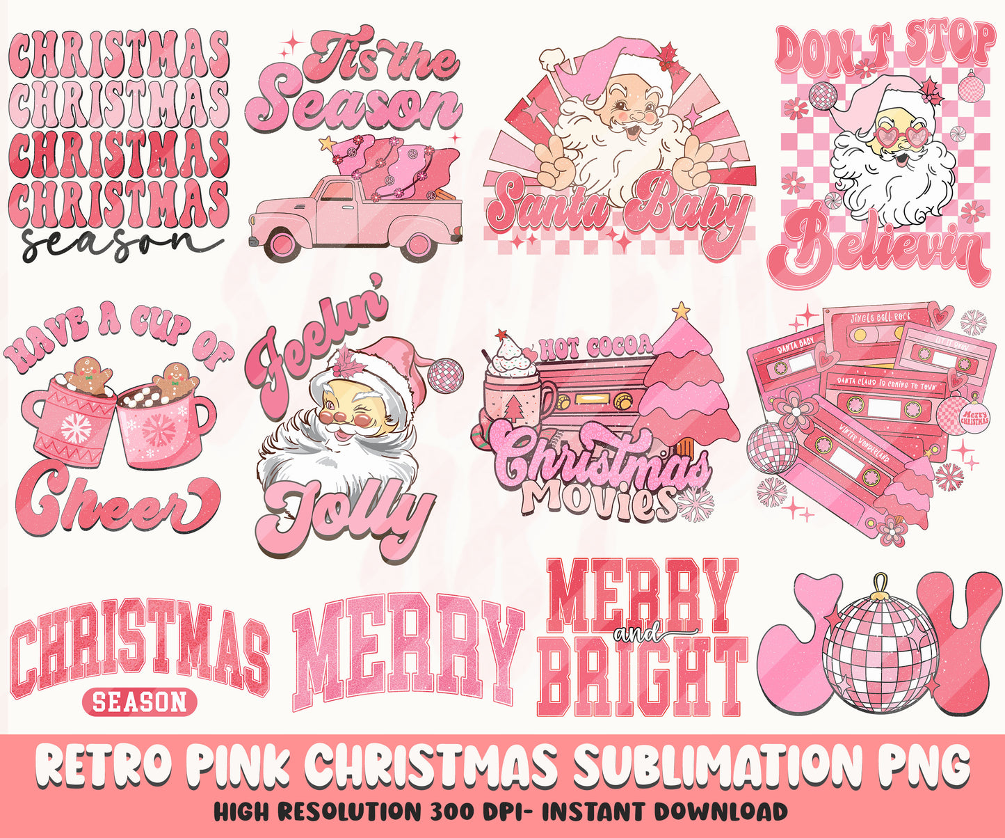 Pink Christmas Sublimation Designs PNG Bundle by RetrovibZ