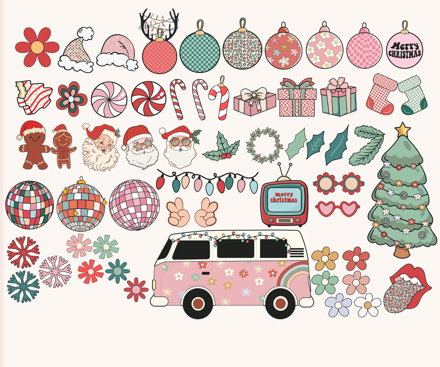 Retro Groovy Christmas Clipart - Vintage Christmas Santa Claus Tree Characters PNG Bundle