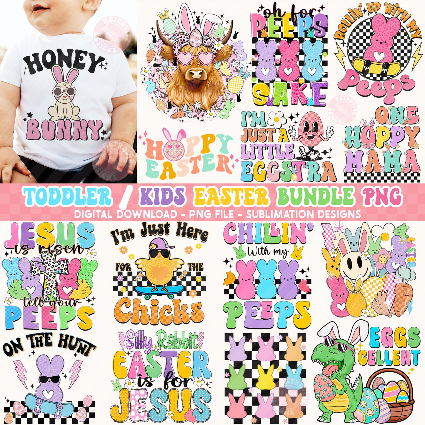 MEGA Easter Kids Bundle Sublimation Designs PNG By RetrovibZ - DIGITAL DOWNLOAD