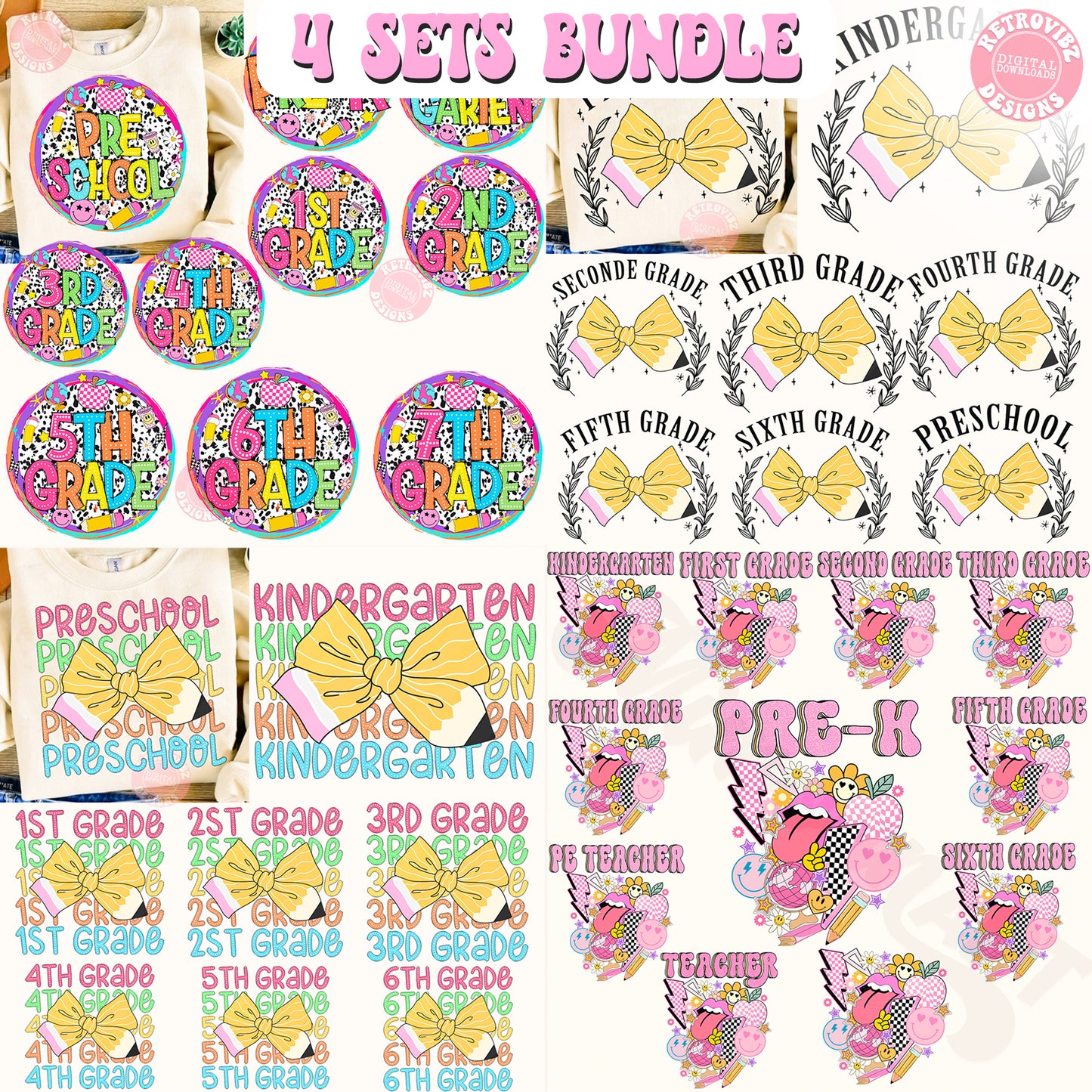 Retro Back to Shool png Bundle, Teacher Coquette pencil png, Teacher bright Dalmatian bundle, First Grade, Pre-K, 1st/2nd back to school