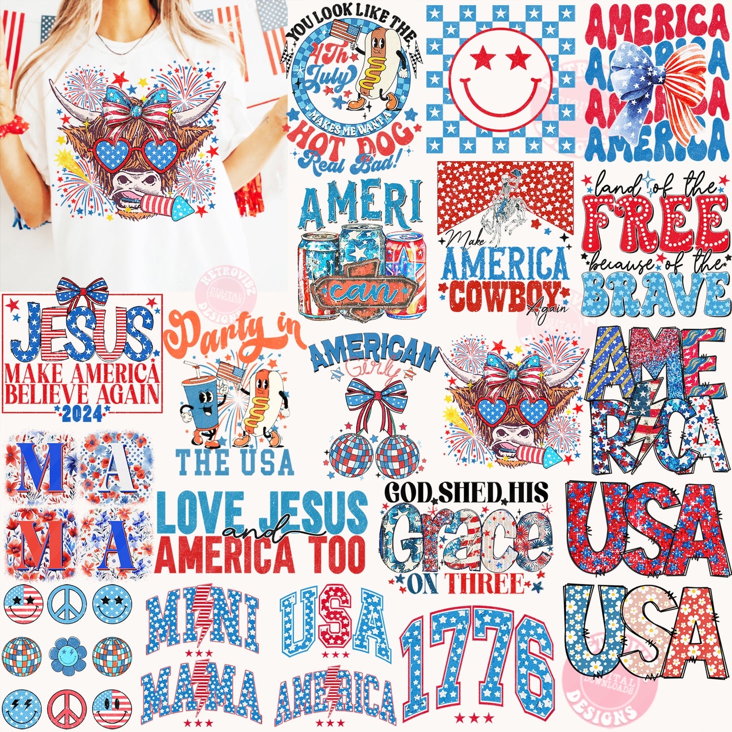 Retro 4th of July SVG Bundle, Independence Day SVG, America svg, USA Flag svg, Patriotic svg, Cut Files Cricut,Silhouette Sublimation, 1776