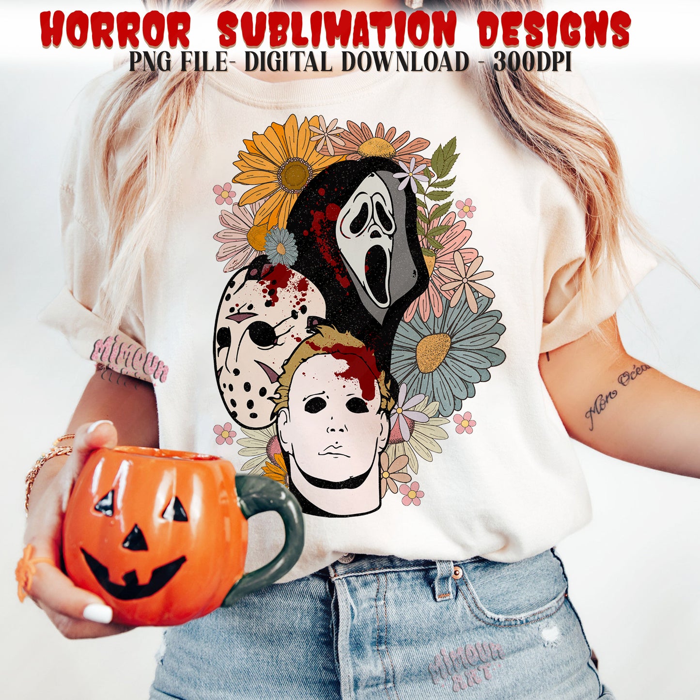 Floral Horror Characters Png, Retro Halloween png, Horror png, Scary movie png, Halloween Horror Sublimation Designs