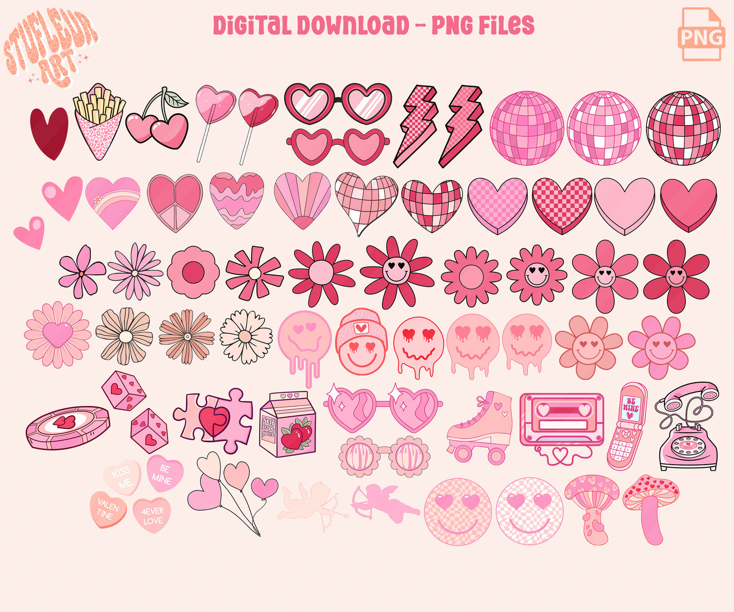 Retro Groovy Valentines Day Clipart - Vintage Valentines Day Love Hearts PNG Bundle