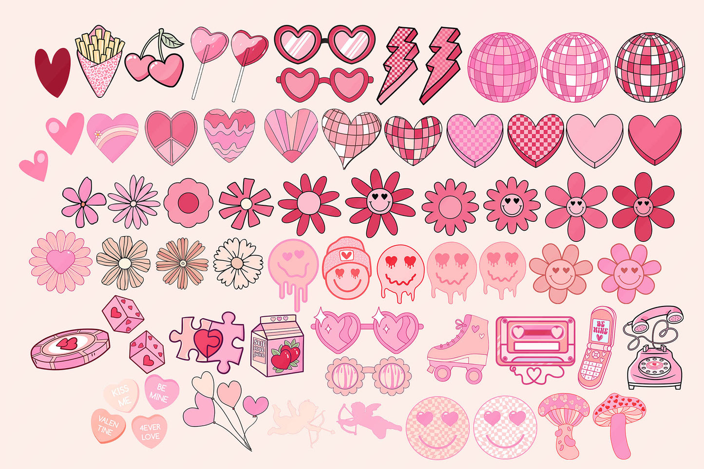 Retro Groovy Valentines Day Clipart - Vintage Valentines Day Love Hearts PNG Bundle