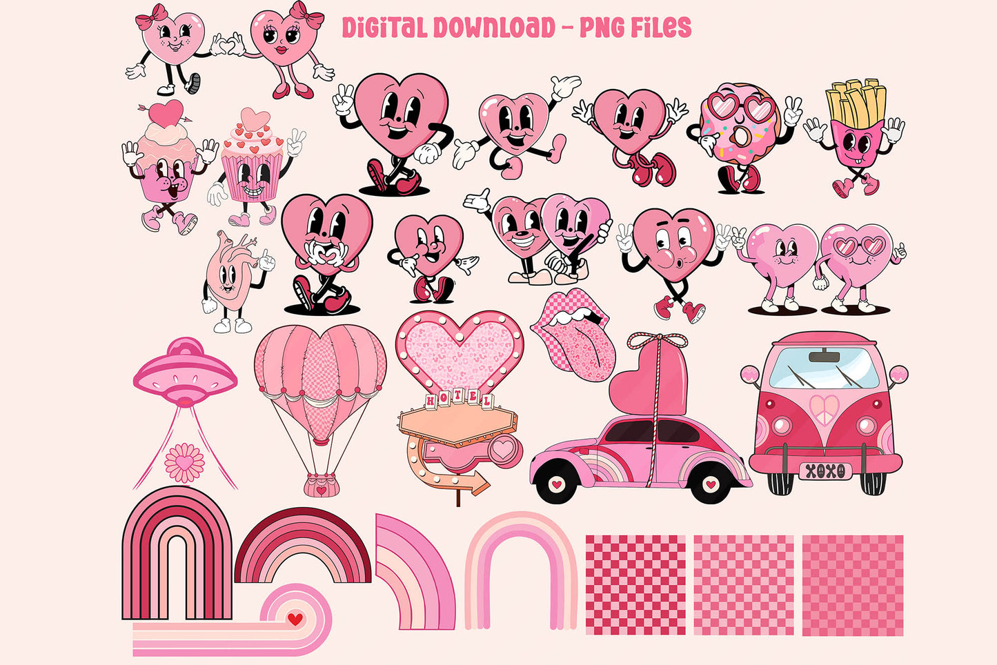 Retro Groovy Valentines Day Clipart - Vintage Valentines Day Love Hearts PNG Bundle