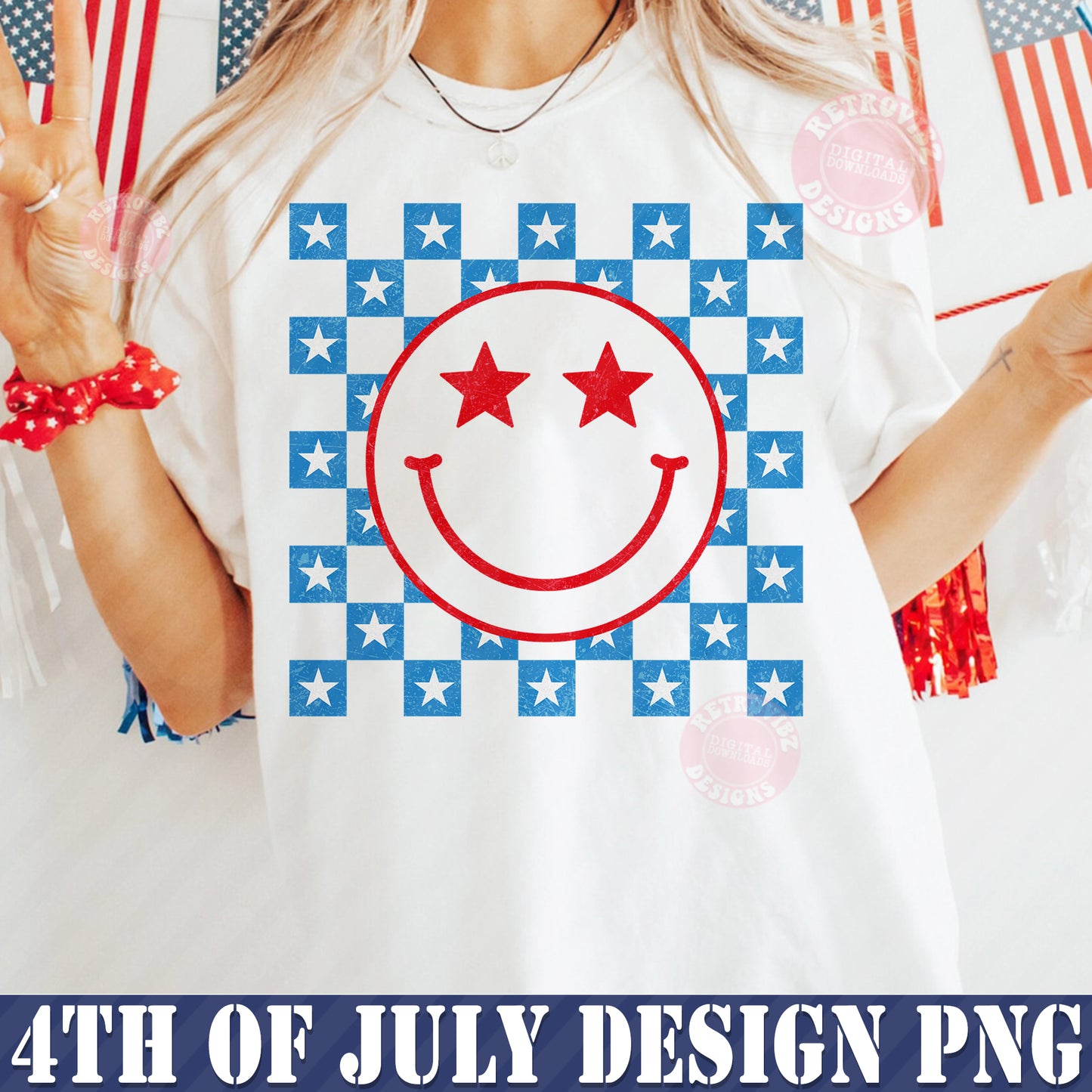 Retro 4th of July Smiley Svg Png, Fourth of July Svg, American Svg, Independence Day, American Smiley Png, Checkered 4th of July Svg Png