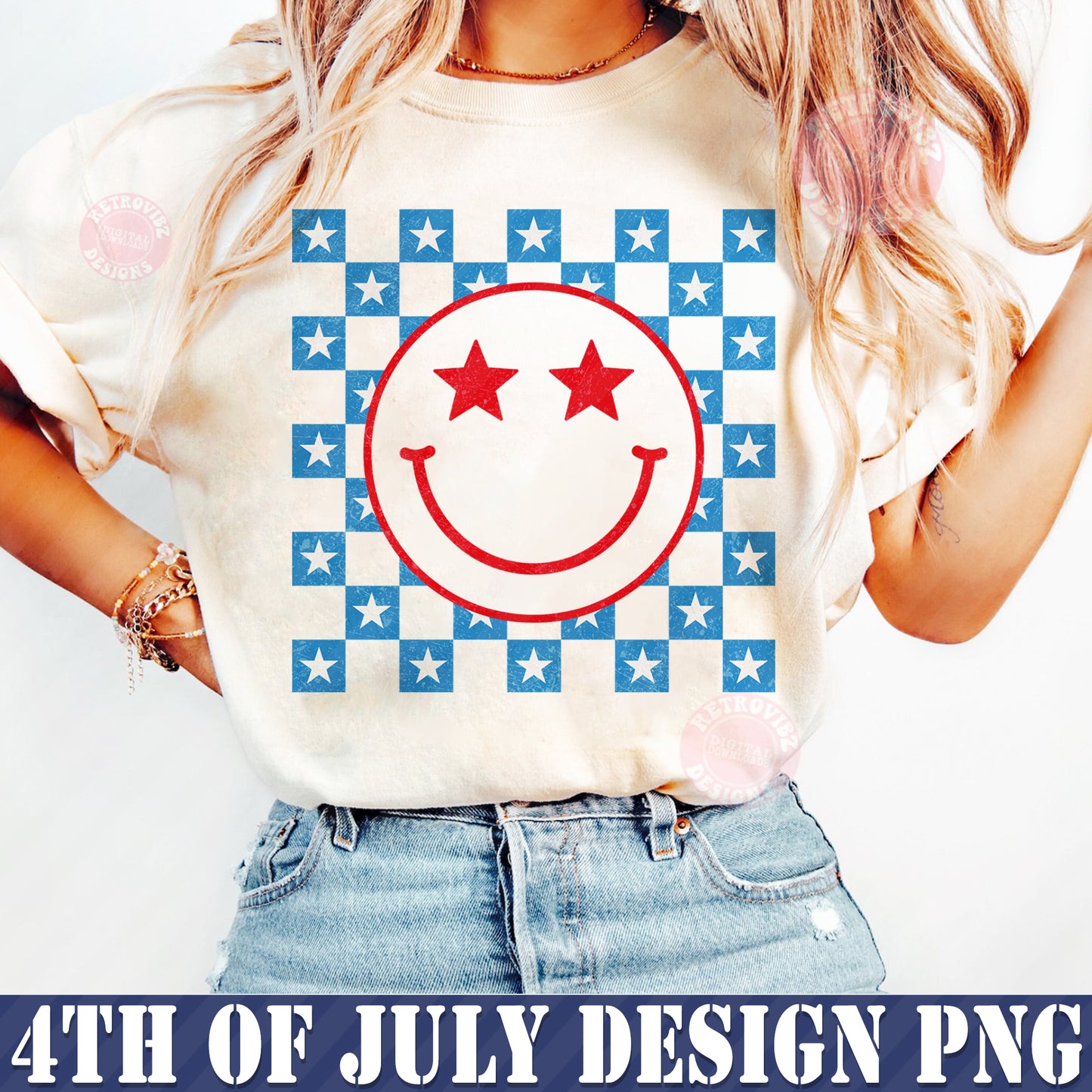 Retro 4th of July Smiley Svg Png, Fourth of July Svg, American Svg, Independence Day, American Smiley Png, Checkered 4th of July Svg Png