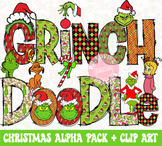 Grinchmas Alphabet Doodle Bundle, Christmas Alphabet Doodle Bundle, Christmas doodle, Christmas alphabet png