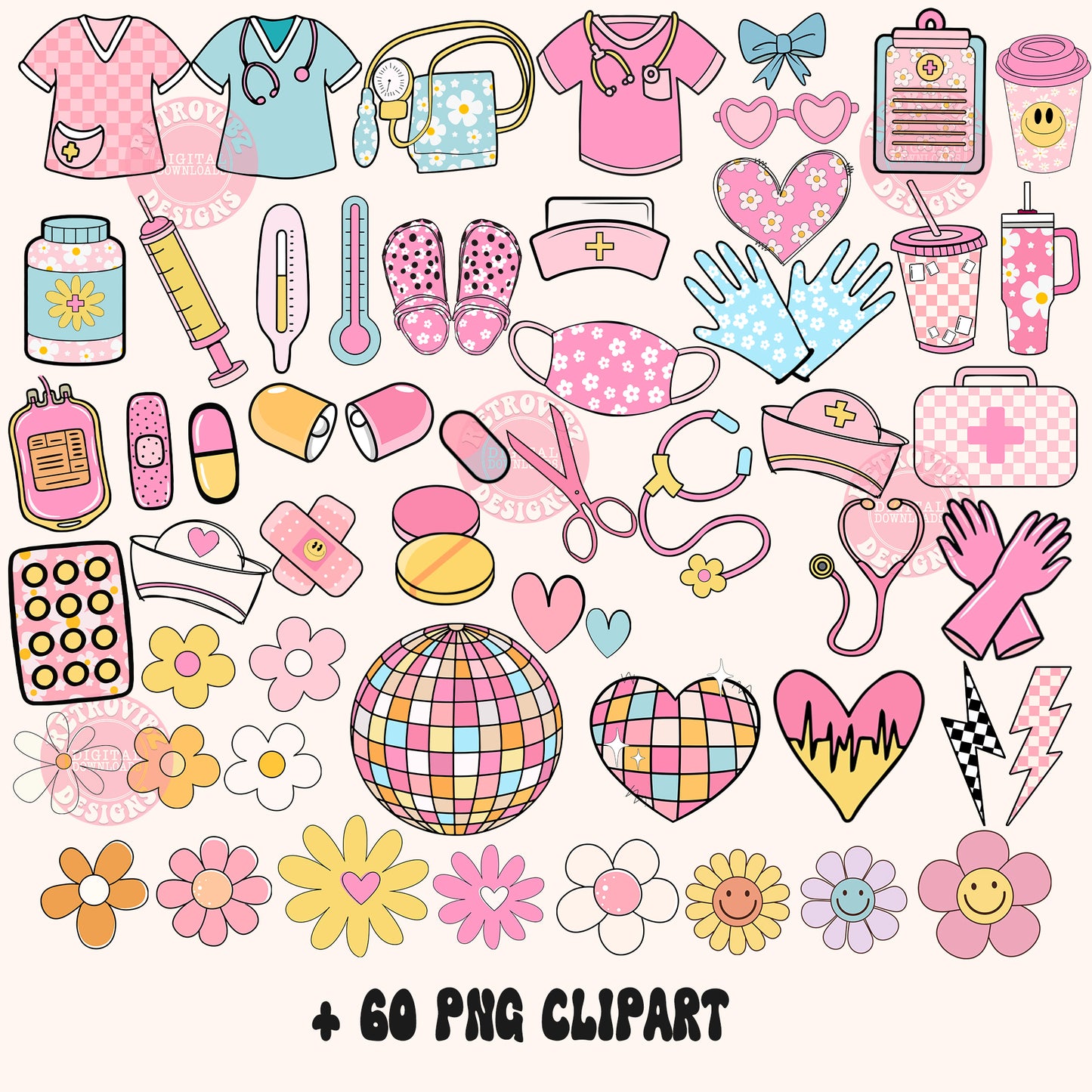 Retro Groovy Nurse Clipart - Vintage Medical Stuff elements Clip Art PNG Bundle