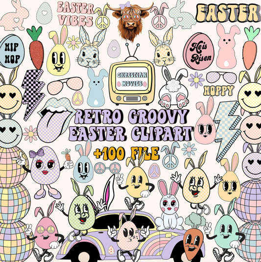 Retro Groovy Easter Clipart - Vintage Easter day elements Clip Art PNG Bundle