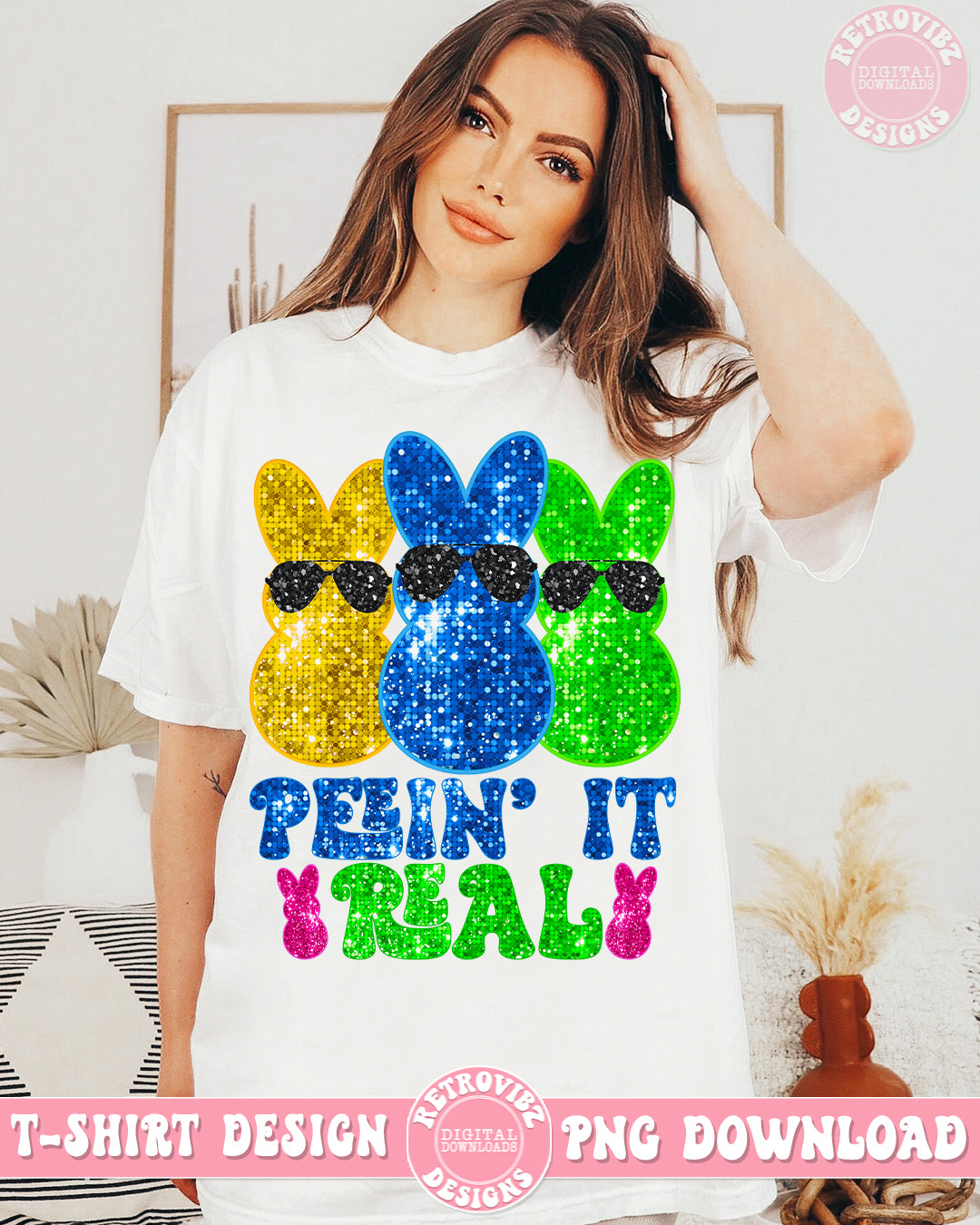 Peepin' it Real Faux Embroidered Bunnies Easter PNG Sublimation Design By RetrovibZ